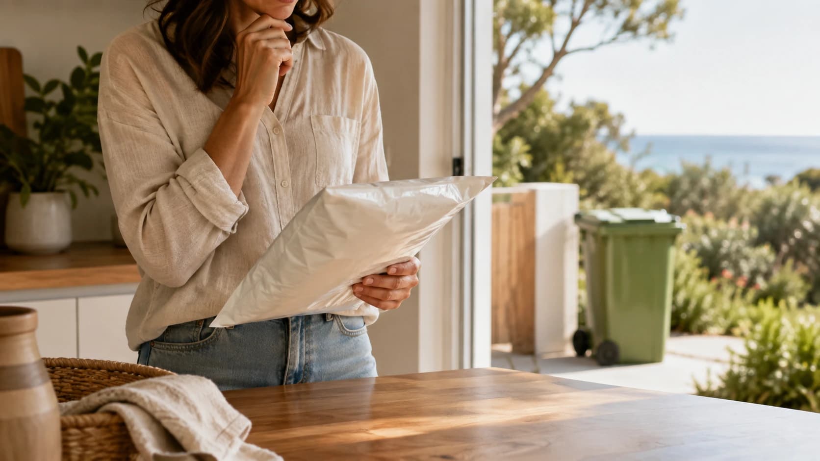 Person holding a white flexible mailer beside a green-lidded wheelie bin in a bright home setting.